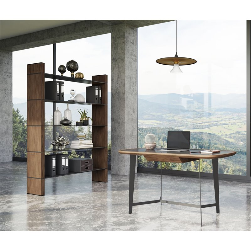 Pemberly Row Open Back Modern Glass and Veneer Bookshelf in Walnut Finish
