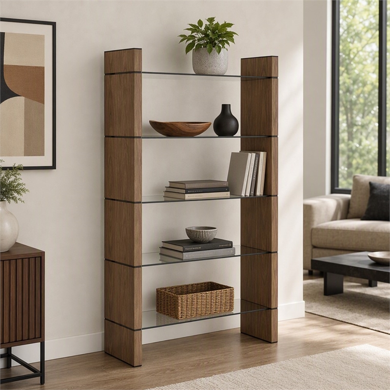 Pemberly Row Open Back Modern Glass and Veneer Bookshelf in Walnut Finish