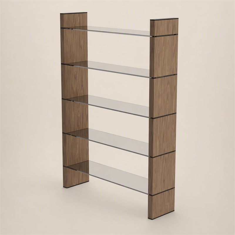 Pemberly Row Open Back Modern Glass and Veneer Bookshelf in Walnut Finish