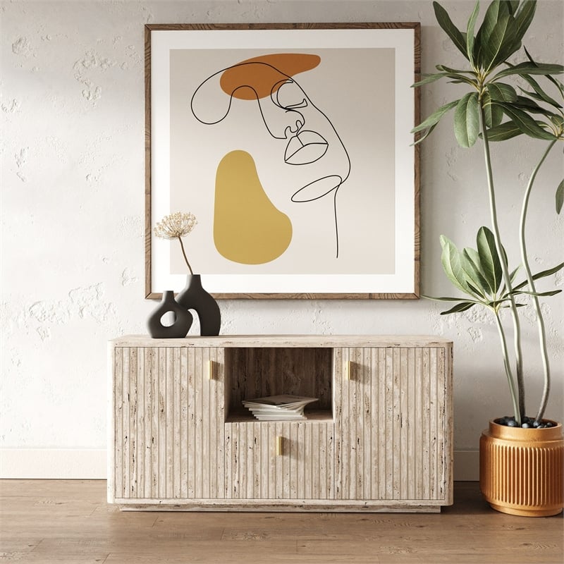 Pemberly Row Modern Travertine File Cabinet with Gold Accents and Shelf