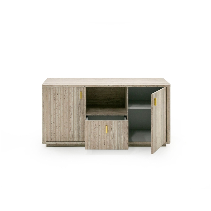 Pemberly Row Modern Travertine File Cabinet with Gold Accents and Shelf