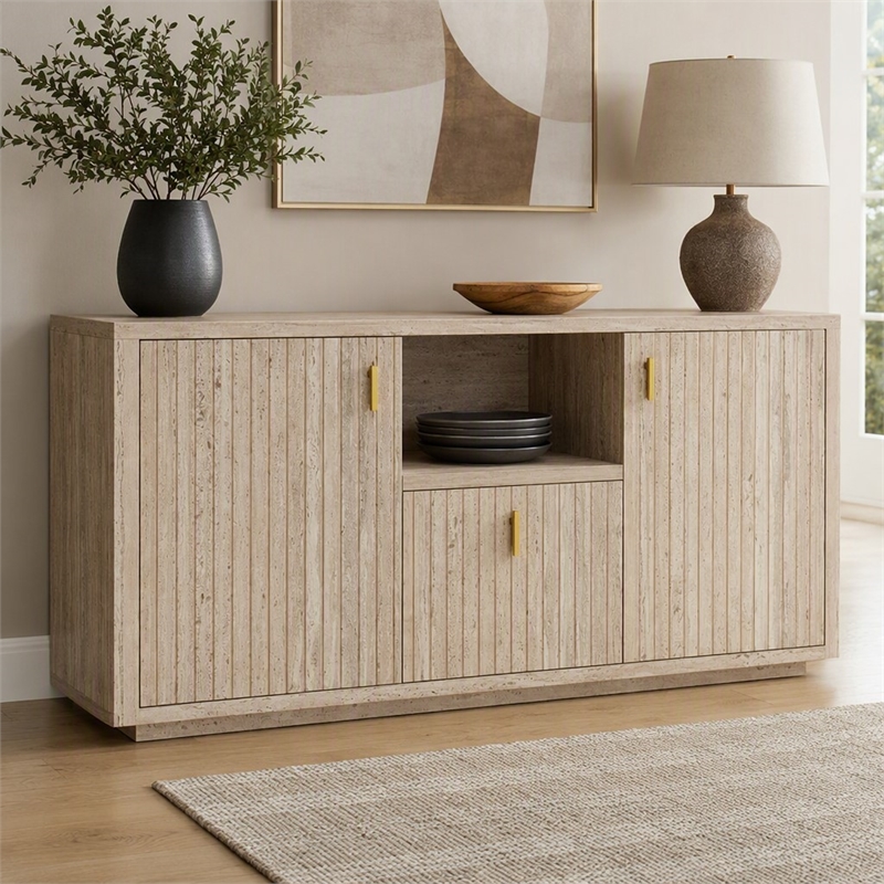 Pemberly Row Modern Travertine File Cabinet with Gold Accents and Shelf