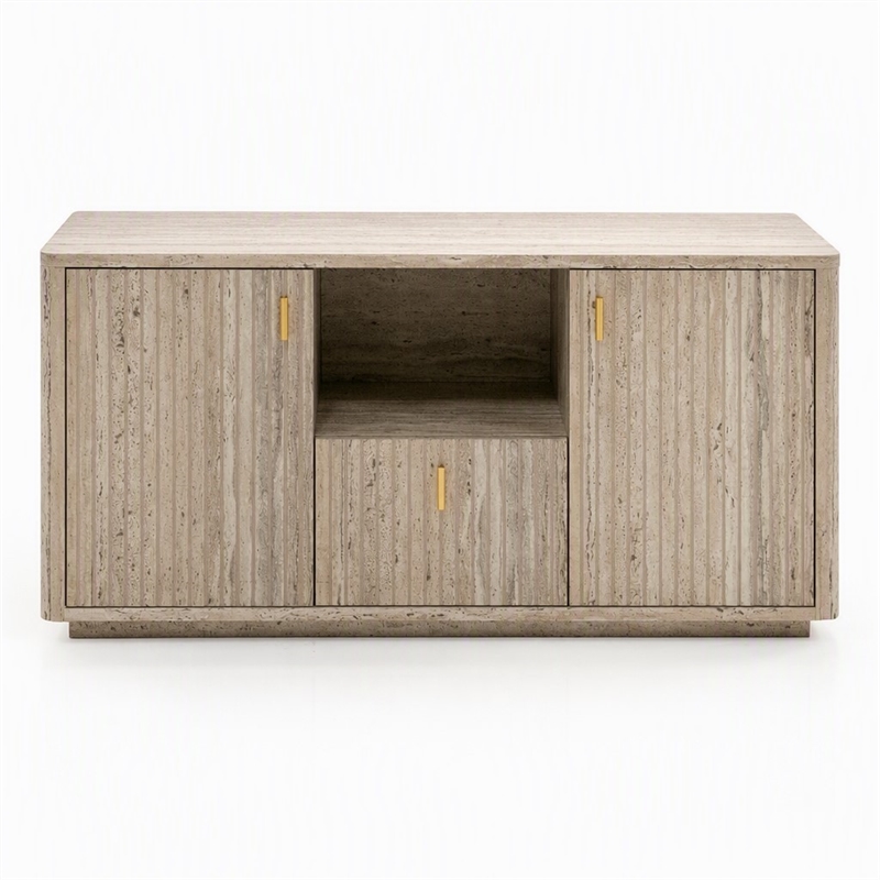 Pemberly Row Modern Travertine File Cabinet with Gold Accents and Shelf
