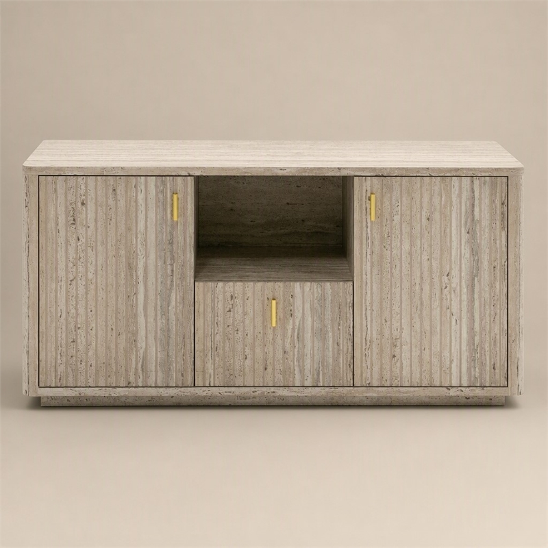 Pemberly Row Modern Travertine File Cabinet with Gold Accents and Shelf