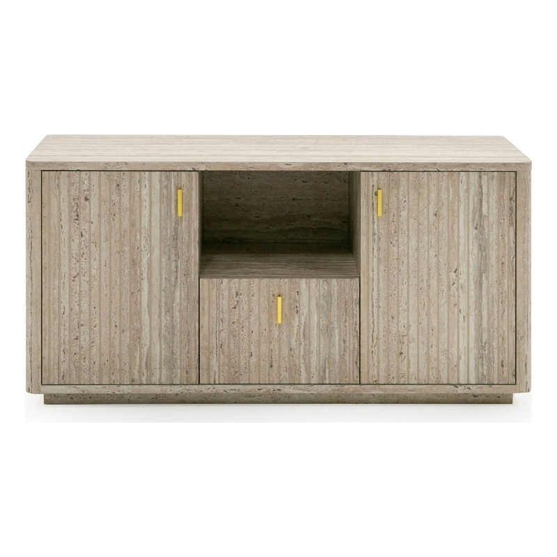 Pemberly Row Modern Travertine File Cabinet with Gold Accents and Shelf