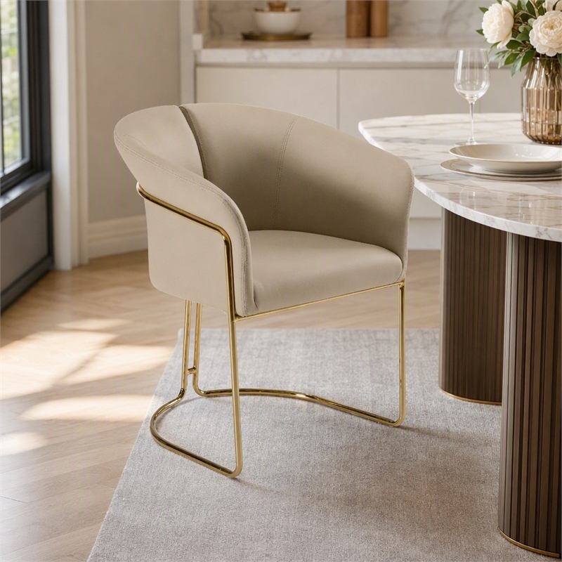 Pemberly Row Beige Vegan Leather Dining Chair with Champagne Gold Base