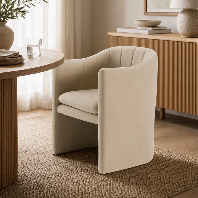 Pemberly Row Beige Fabric Dining Chair with Cast Iron Base