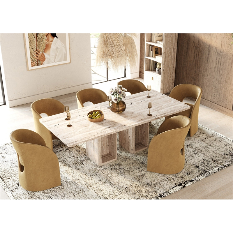 Pemberly Row Tan Fabric Dining Chair with Cast Iron Base