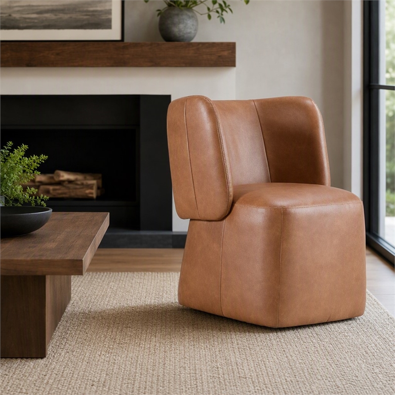Pemberly Row Modern Brown Vegan Leather Dining Chair with Castors