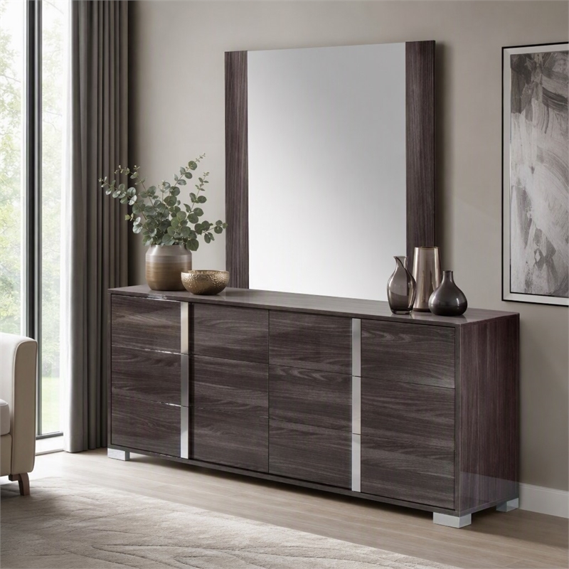 Pemberly Row Modern Engineered Wood and Glass Mirror in Gray and Clear