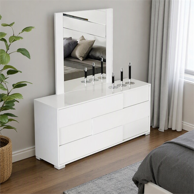 Pemberly Row Modern MDF Wood and Glass Mirror in White and Clear