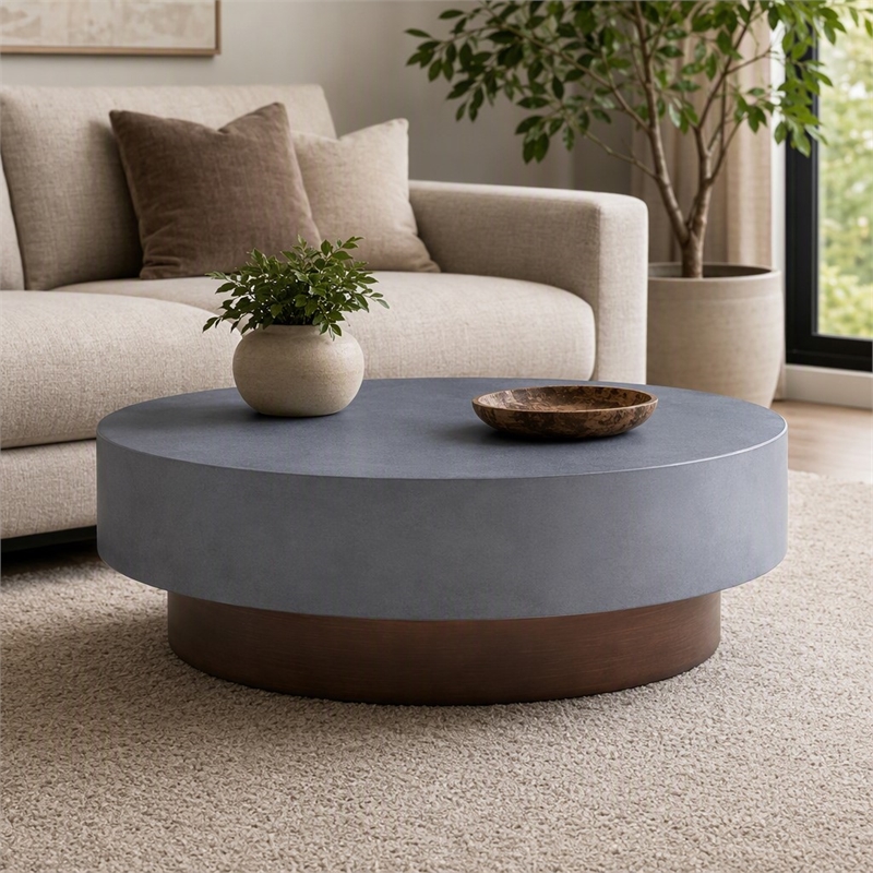 Pemberly Row Round Metal Coffee Table in Gray & Antique Copper Finish
