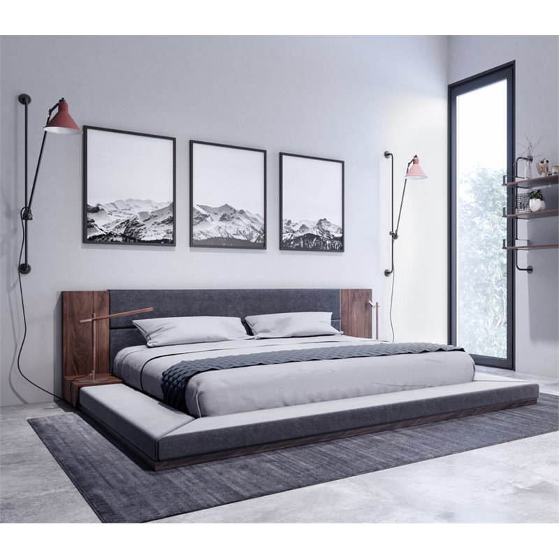 Pemberly Row Queen Veneer & Fabric Bed in Dark Gray/Walnut with Nightstands