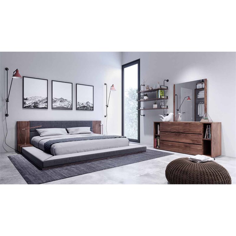 Pemberly Row Queen Veneer & Fabric Bed in Dark Gray/Walnut with Nightstands