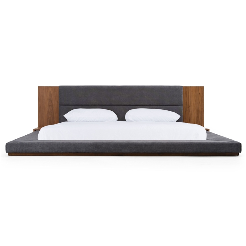 Pemberly Row Queen Veneer & Fabric Bed in Dark Gray/Walnut with Nightstands