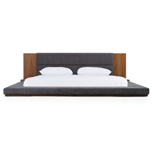 Pemberly Row Queen Veneer & Fabric Bed in Dark Gray/Walnut with Nightstands