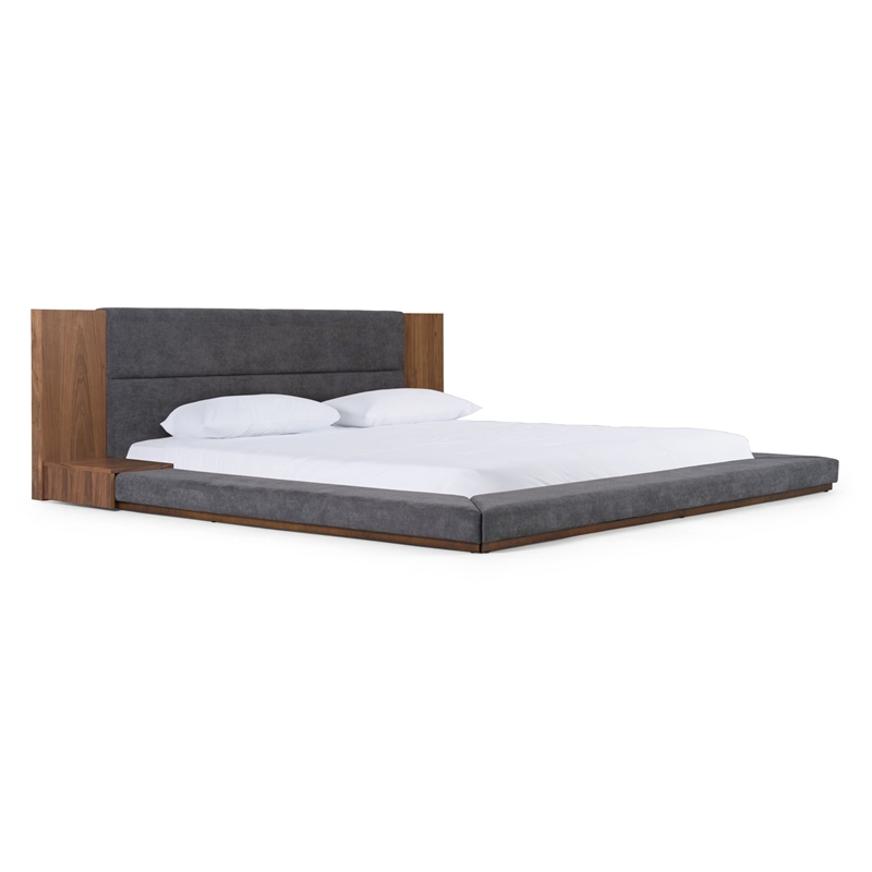 Pemberly Row Queen Veneer & Fabric Bed in Dark Gray/Walnut with Nightstands