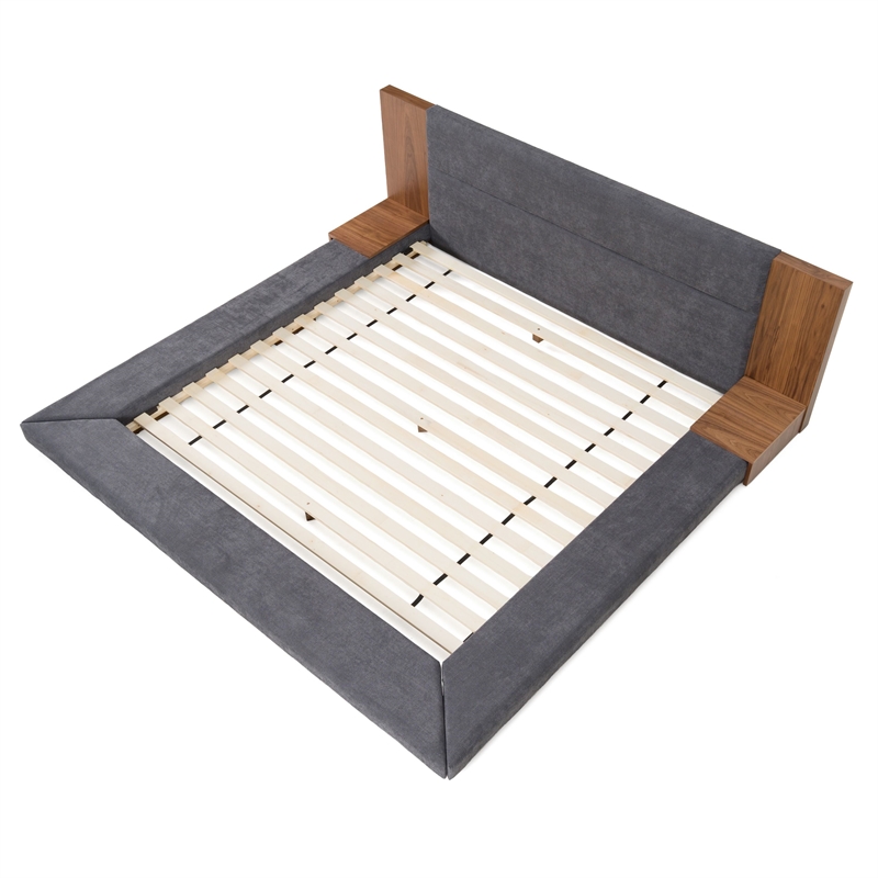 Pemberly Row Queen Veneer & Fabric Bed in Dark Gray/Walnut with Nightstands