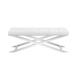 Pemberly Row Faux Leather & Stainless Steel Bench with Tufting in White