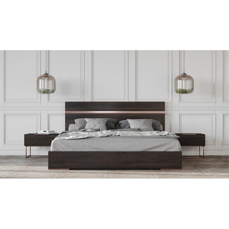 Pemberly Row Modern Eastern King Bed in Walnut with Stainless Steel Accents