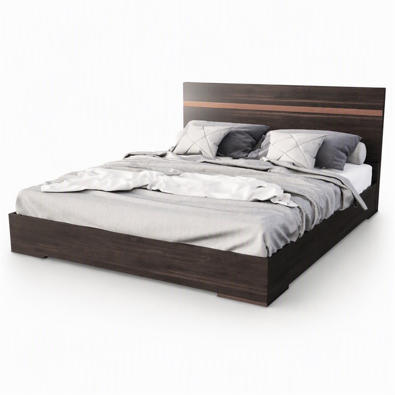 Pemberly Row Modern Eastern King Bed in Walnut with Stainless Steel Accents
