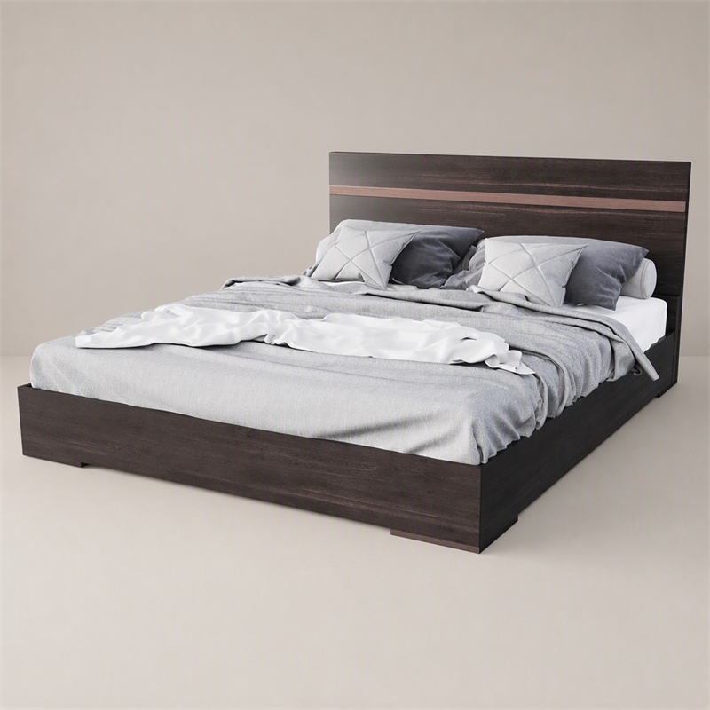 Pemberly Row Modern Eastern King Bed in Walnut with Stainless Steel Accents