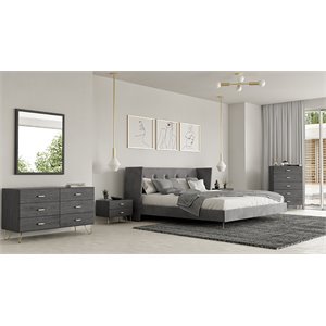 Pemberly Row Velvet & Metal Queen Bed in Charcoal Gray Upholstery
