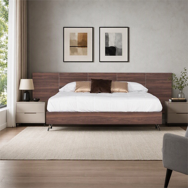 Pemberly Row Modern King Bed with Walnut Laminate Wood & Metal Frame