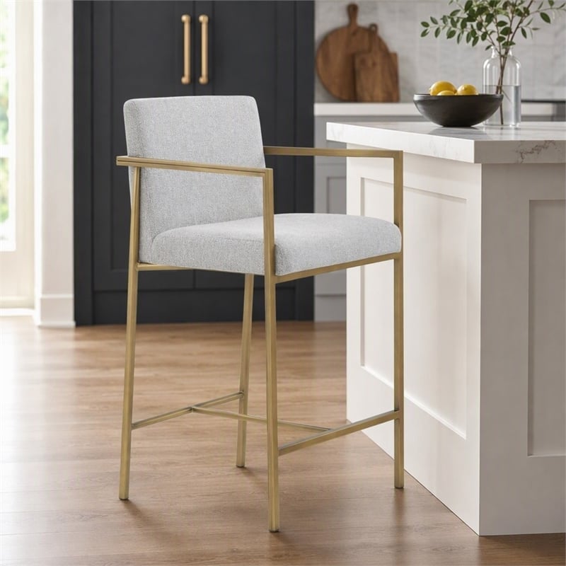 Pemberly Row Modern Fabric Counter Stool in Light Gray with Antique Brass