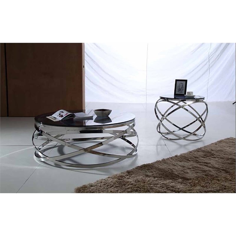 Pemberly Row End Table with Smoked Glass Top & Stainless Steel Base