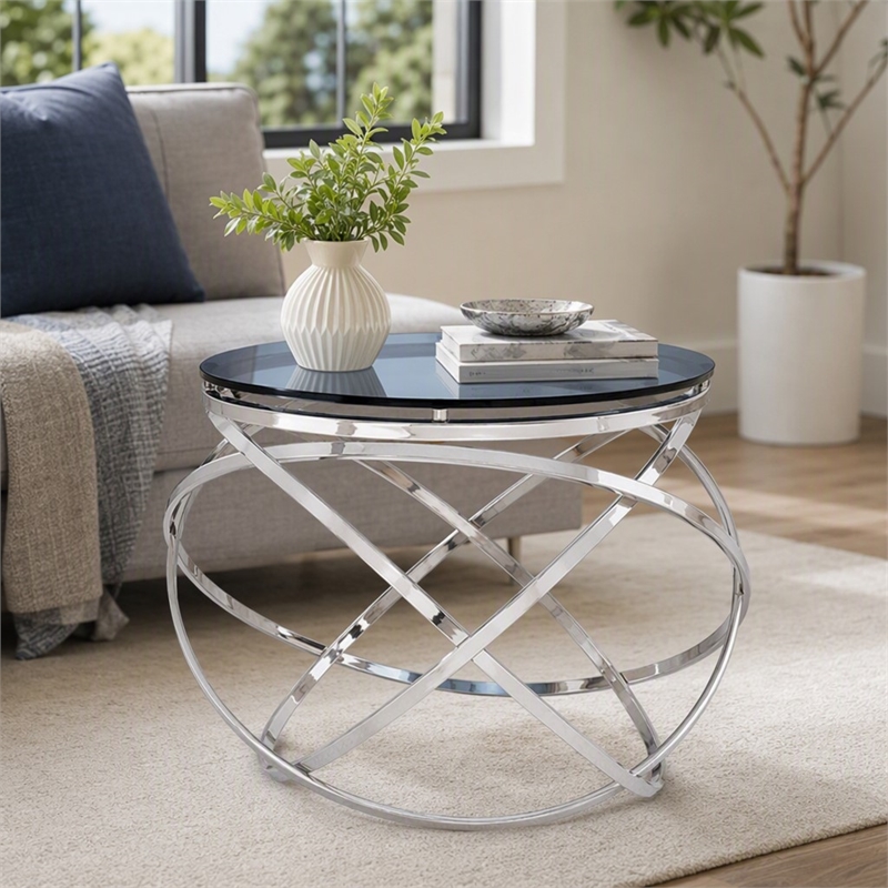Pemberly Row End Table with Smoked Glass Top & Stainless Steel Base