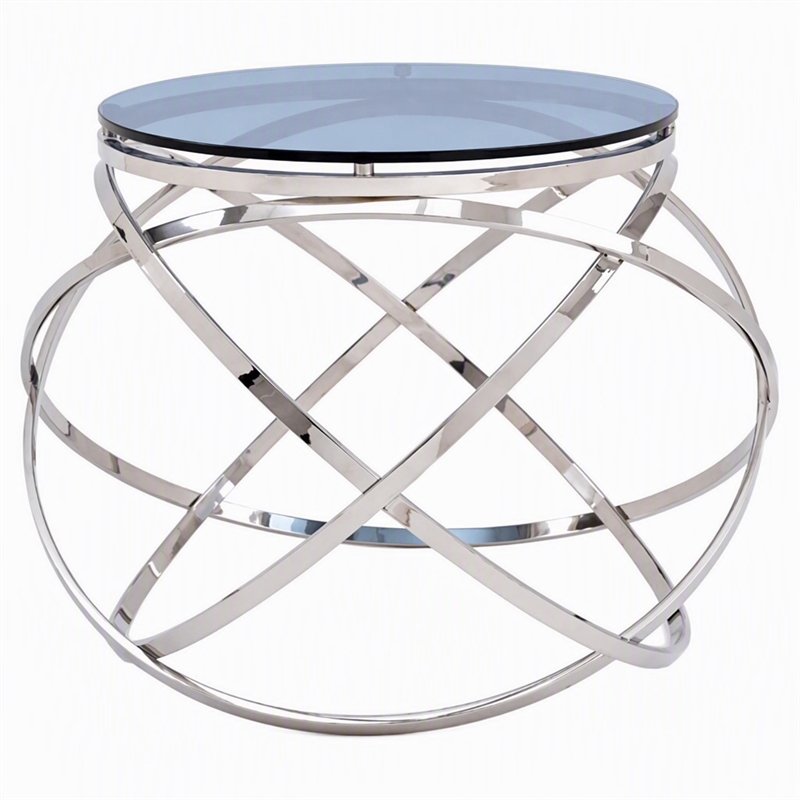 Pemberly Row End Table with Smoked Glass Top & Stainless Steel Base