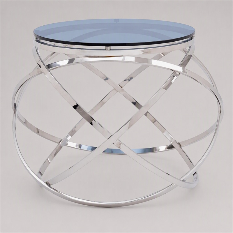 Pemberly Row End Table with Smoked Glass Top & Stainless Steel Base