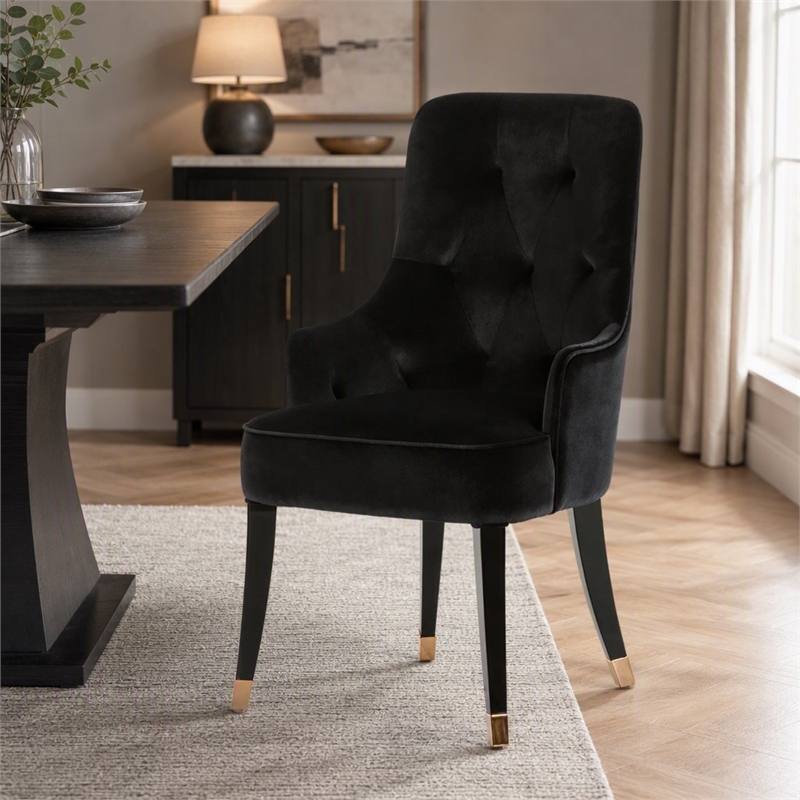 Pemberly Row Modern Black Velvet Dining Chair with Gold Accent Legs