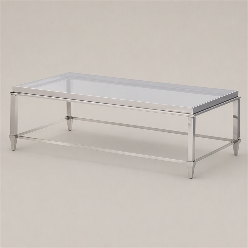Pemberly Row Modern Stainless Steel & Gray Glass Coffee Table in Silver