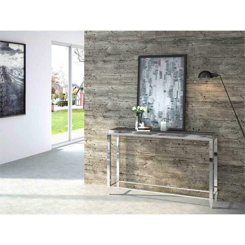 Pemberly Row Modern Stainless Steel & Gray Glass Console Table in Silver