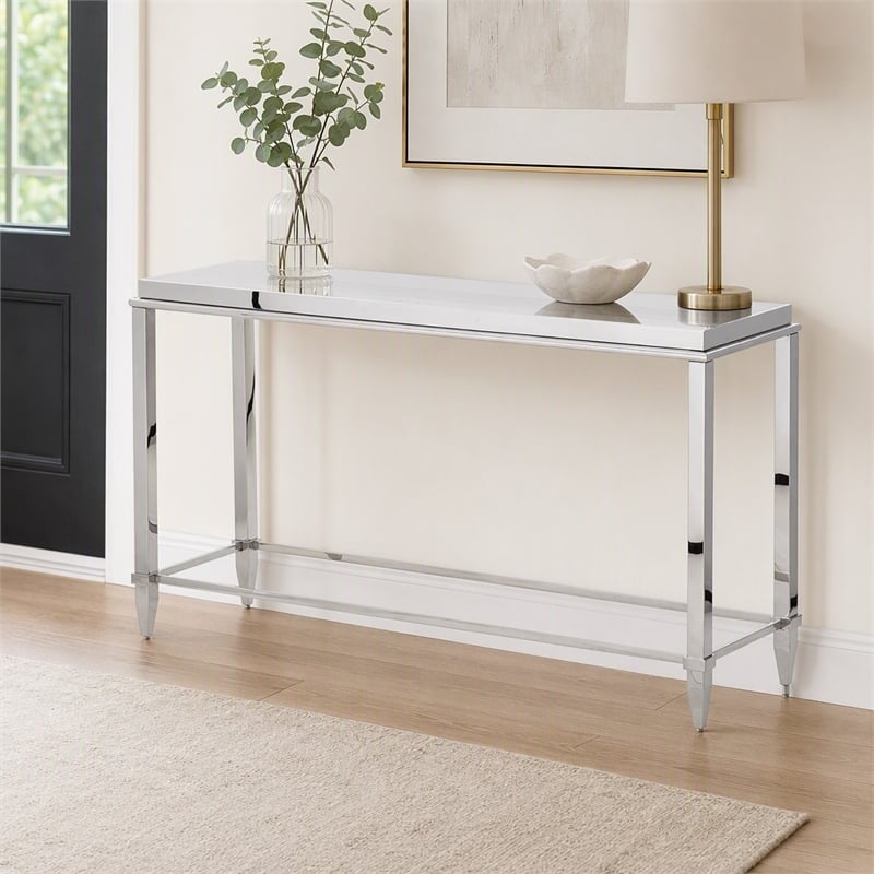 Pemberly Row Modern Stainless Steel & Gray Glass Console Table in Silver