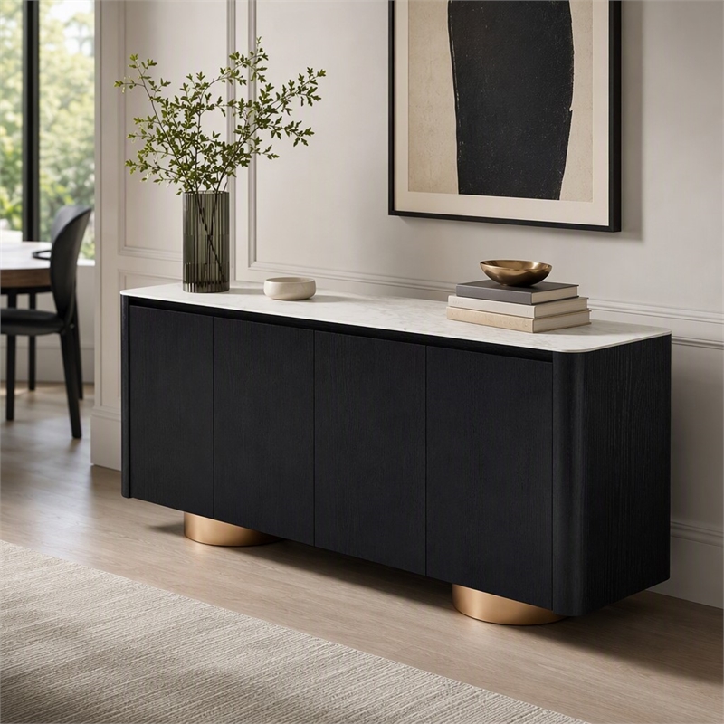 Pemberly Row Modern Buffet with Ceramic Top & Veneer in Black & White