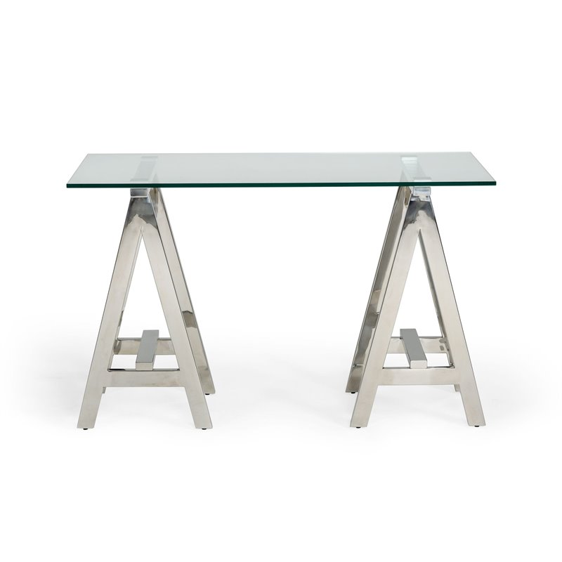 Pemberly Row Modern Glass Console Table with Stainless Steel Base in Clear