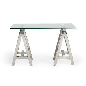 Pemberly Row Modern Glass Console Table with Stainless Steel Base in Clear