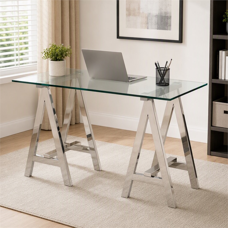 Pemberly Row Modern Glass Console Table with Stainless Steel Base in Clear