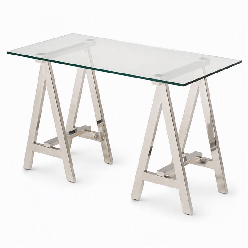Pemberly Row Modern Glass Console Table with Stainless Steel Base in Clear