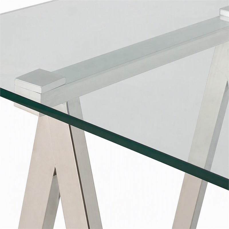 Pemberly Row Modern Glass Console Table with Stainless Steel Base in Clear