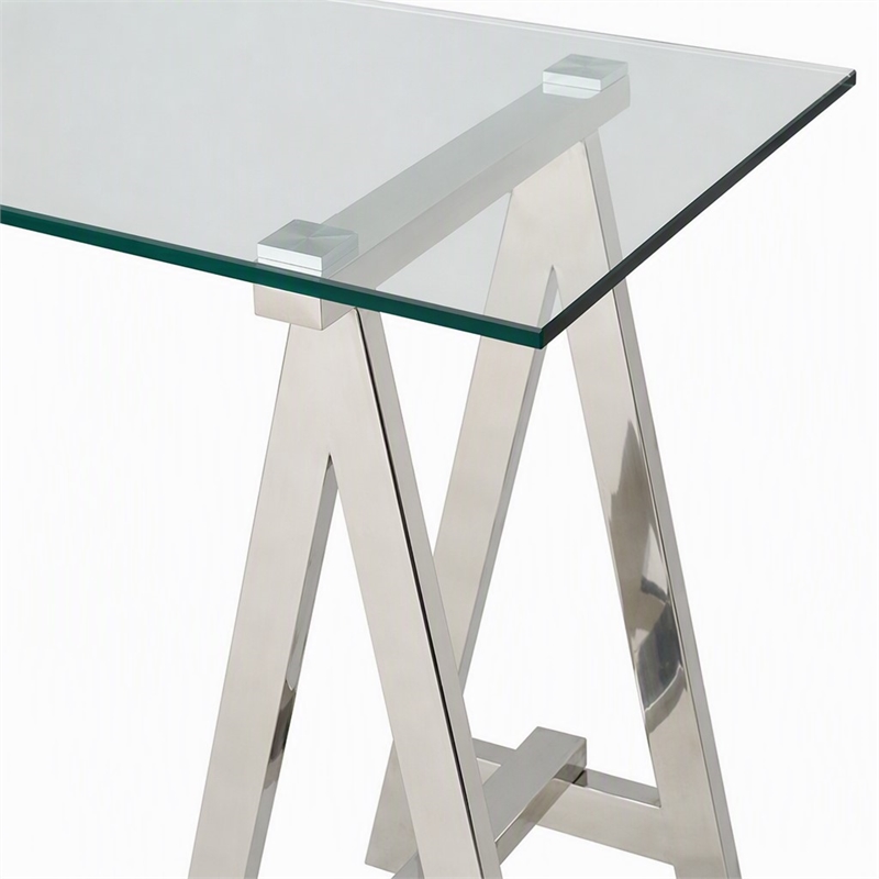 Pemberly Row Modern Glass Console Table with Stainless Steel Base in Clear