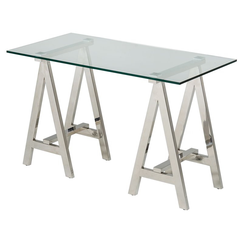 Pemberly Row Modern Glass Console Table with Stainless Steel Base in Clear