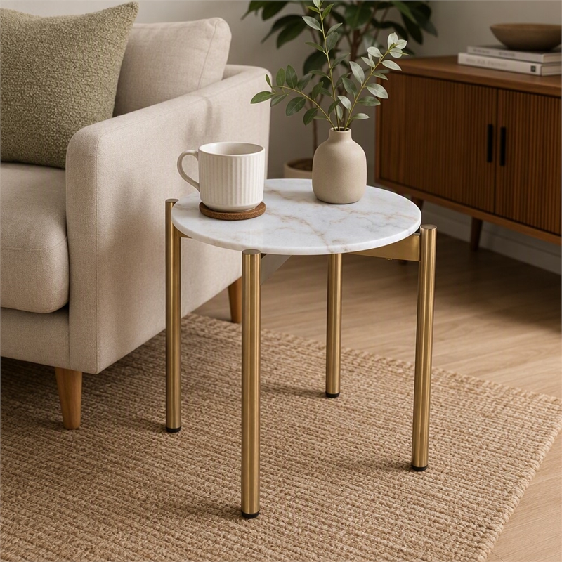 Pemberly Row Round Marble and Stainless Steel End Table in White and Gold