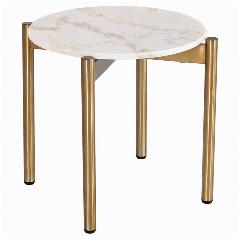 Pemberly Row Round Marble and Stainless Steel End Table in White and Gold