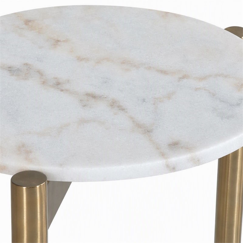 Pemberly Row Round Marble and Stainless Steel End Table in White and Gold