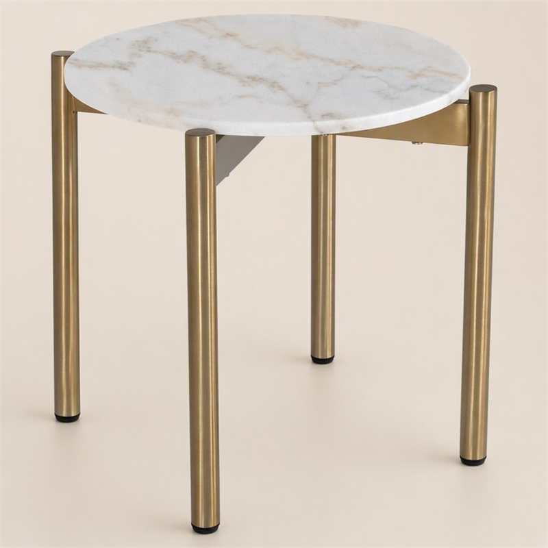 Pemberly Row Round Marble and Stainless Steel End Table in White and Gold