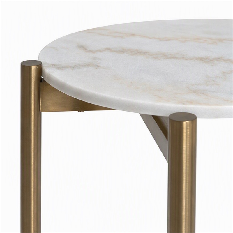 Pemberly Row Round Marble and Stainless Steel End Table in White and Gold